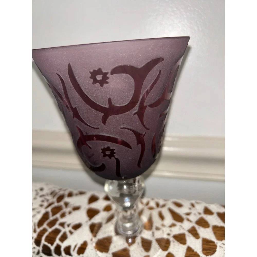 Amethyst Purple Etched Glass Wine Goblets Set of 2 Frosted Scroll Design 7.6